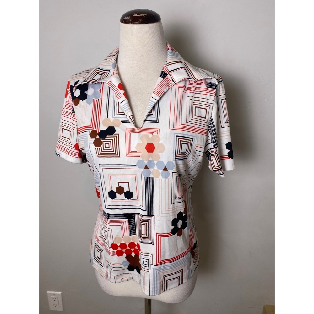 Vintage 70s Mardi Modes New York Geometric Floral Dagger Collar Top Size 14